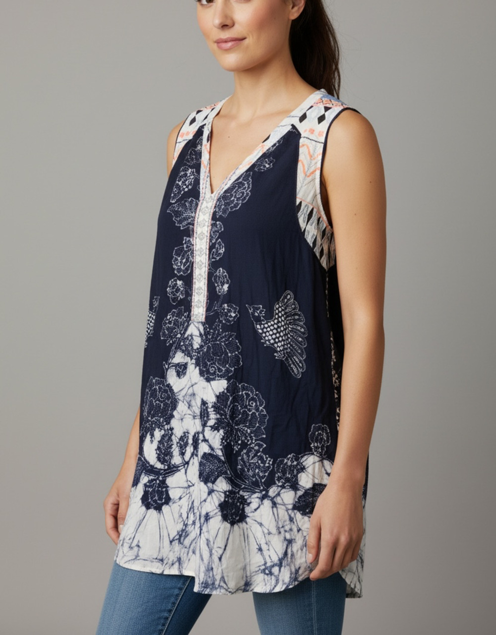 Anthropologie One September Tank Top Size S Navy Floral Sequin Embroidered